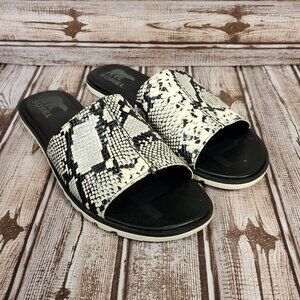 SOREL Ella II Shoes Womens 10.5 Black Snakeskin Animal Flat Slipon Slide Sandal
